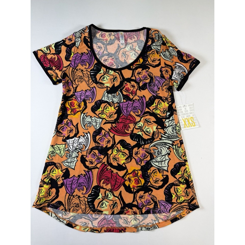 LulaRoe Women's Halloween Shortsleeve Tunic Top Sz XXS Orange Vampire Bats NWT